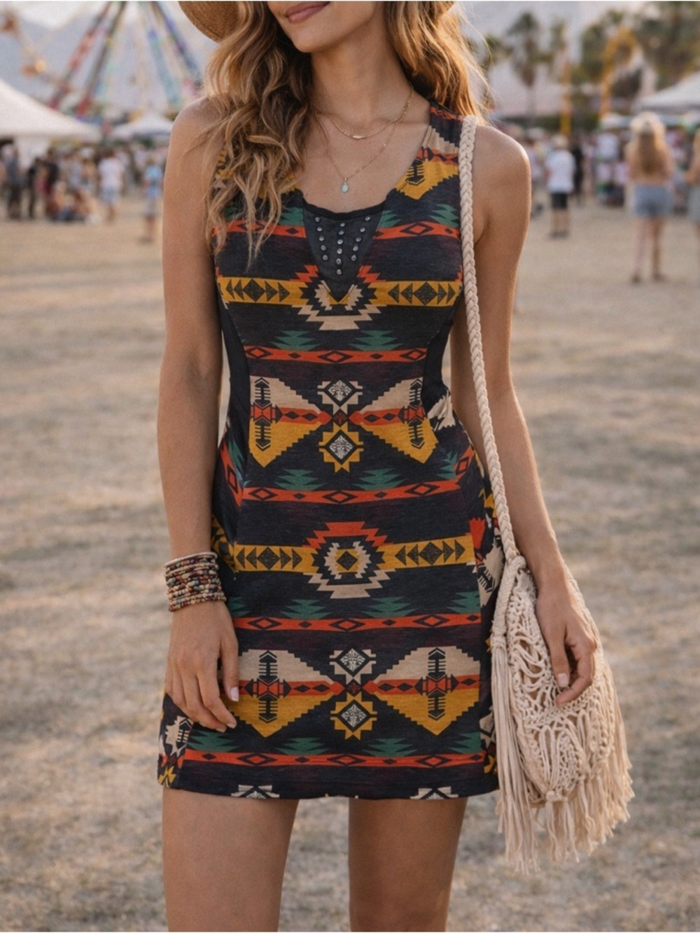 Vintage Y2K USA Made Entro Southwestern Geometric Bodycon Mini Dress Mesh Panel